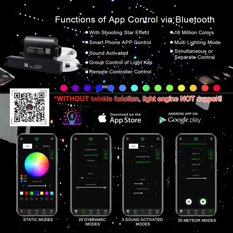 AKEPO 16W Car Home RGBW APP + Music Activated + Meteor Effect Fiber Optic Lights Star Ceiling Light Kit, 430pcs Mixed Fiber Cable 9.8ft/3m + 28key Musical Remote - Image 2